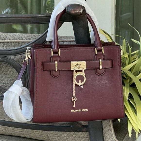 Michael Kors Hamilton Small Leather Satchel Key Lock Crossbody Bag (Merlot) - Picture 4 of 7